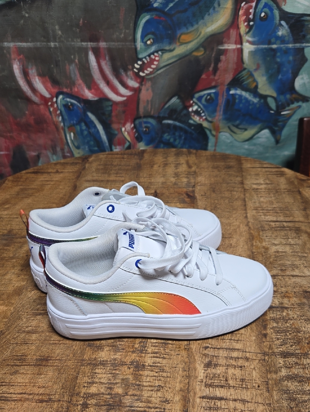 Puma White WOMENS Sneakers with Rainbow Side Stripe